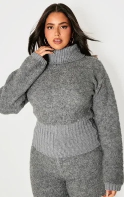 Plus Charcoal Contrast Textured Knit Bardot Foldover Sweater