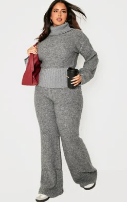 Plus Charcoal Contrast Textured Knit Bardot Foldover Sweater