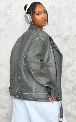 Plus Charcoal Distressed Look Faux Leather Longline Biker Jacket