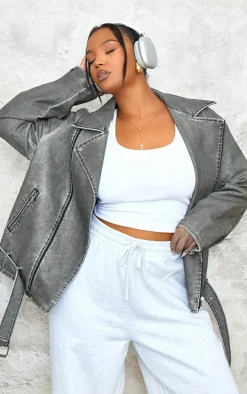 Plus Charcoal Distressed Look Faux Leather Longline Biker Jacket