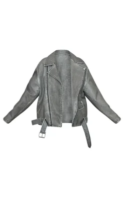 Plus Charcoal Distressed Look Faux Leather Longline Biker Jacket