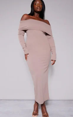 Plus Charcoal Grey Crepe Long Sleeve Bardot Maxi Dress