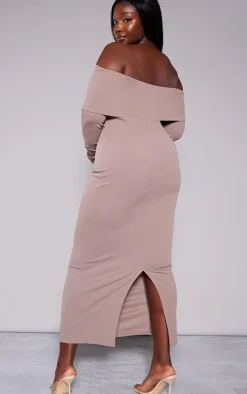 Plus Charcoal Grey Crepe Long Sleeve Bardot Maxi Dress