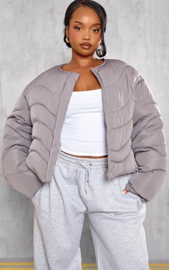 Plus Charcoal Grey Cropped Round Neck Puffer Jacket