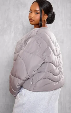 Plus Charcoal Grey Cropped Round Neck Puffer Jacket