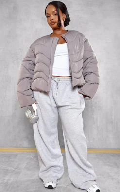 Plus Charcoal Grey Cropped Round Neck Puffer Jacket