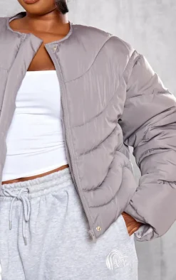 Plus Charcoal Grey Cropped Round Neck Puffer Jacket