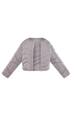 Plus Charcoal Grey Cropped Round Neck Puffer Jacket