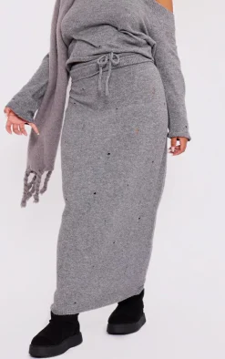 Plus Charcoal Grey Distressed Knit Foldover Waistband Midi Skirt