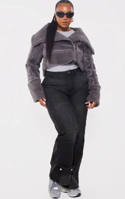 Plus Charcoal Grey Faux Suede Borg Trim Aviator