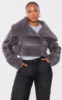 Plus Charcoal Grey Faux Suede Borg Trim Aviator