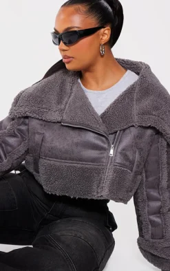 Plus Charcoal Grey Faux Suede Borg Trim Aviator