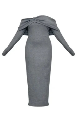 Plus Charcoal Heavy Brushed Rib Bardot Trim Maxi Dress