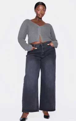 Plus Charcoal Knitted Hook And Eye Cardigan