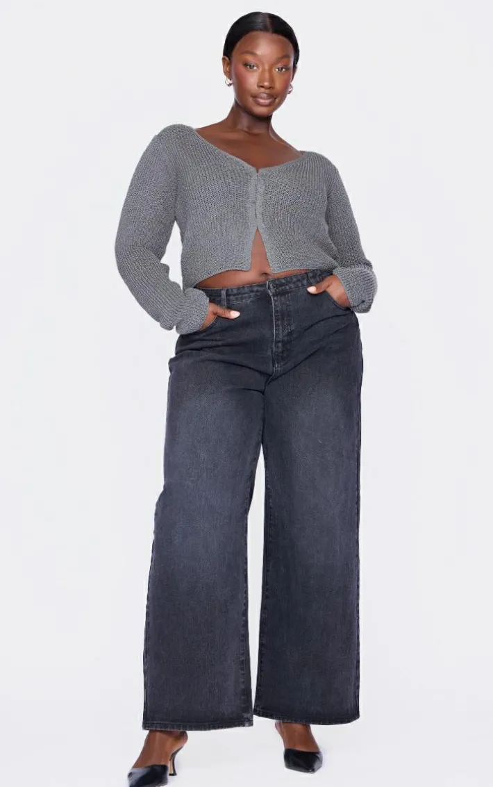 Plus Charcoal Knitted Hook And Eye Cardigan