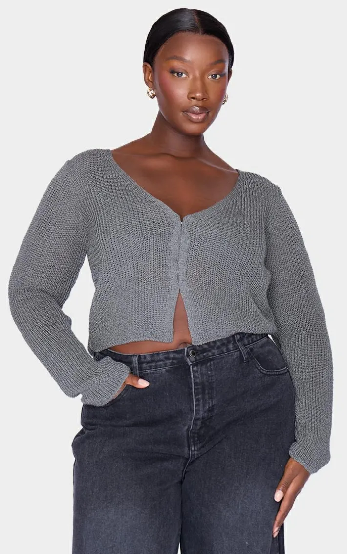 Plus Charcoal Knitted Hook And Eye Cardigan