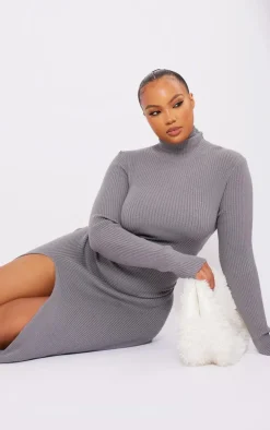 Plus Charcoal Knitted Ribbed Side Split Maxi Dress