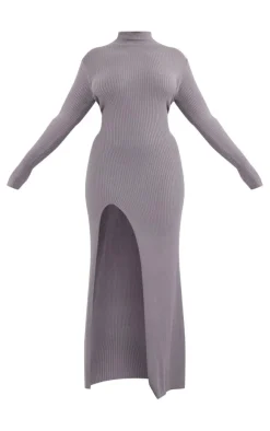 Plus Charcoal Knitted Ribbed Side Split Maxi Dress