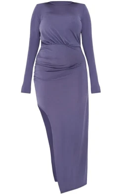 Plus Charcoal Long Sleeve Shoulder Pad Ruched Side Detail Maxi Dress