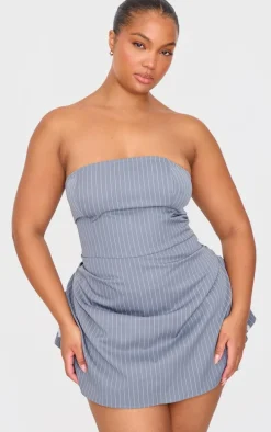 Plus Charcoal Pinstripe Woven Bandeau Ruched Side Skort Romper