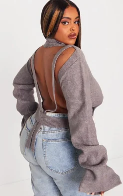 Plus Charcoal Rib Knit Open Back Cropped Sweater