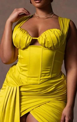 Plus Chartreuse Constructed Satin Ruched Bust Corset