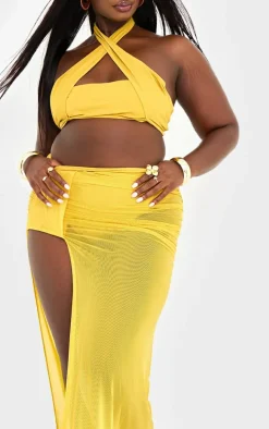 Plus Chartreuse Mesh Ruched Maxi Beach Skirt