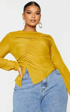 Plus Chartreuse Ruched Front Blouse