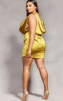 Plus Chartreuse Satin Extreme Cowl Bodycon Dress