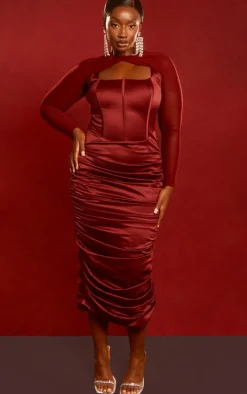 Plus Cherry Red Constructed Satin Mesh Sleeve Ruched Midi Dress