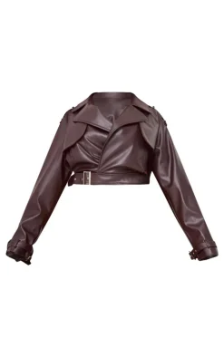 Plus Cherry Red Cropped Collar Detail Faux Leather Jacket