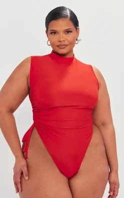 Plus Cherry Red High Neck Sleeveless Slinky Bodysuit