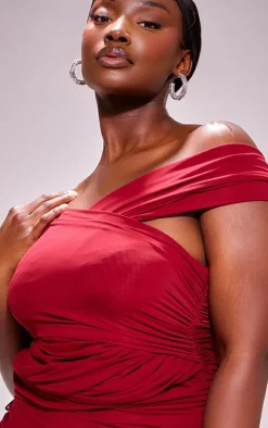 Plus Cherry Red Mesh One Shoulder Detail Ruched Bodycon Dress