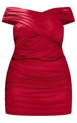 Plus Cherry Red Mesh One Shoulder Detail Ruched Bodycon Dress