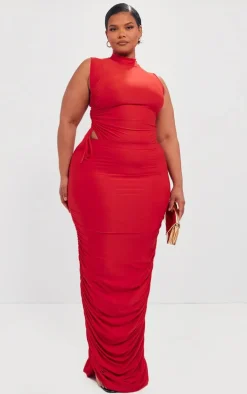 Plus Cherry Red Ruched Side Slinky Maxi Skirt
