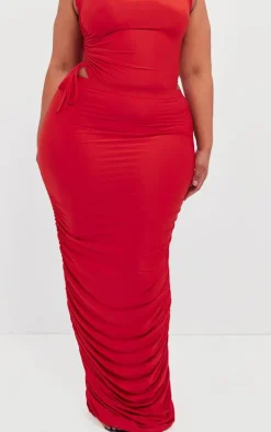 Plus Cherry Red Ruched Side Slinky Maxi Skirt