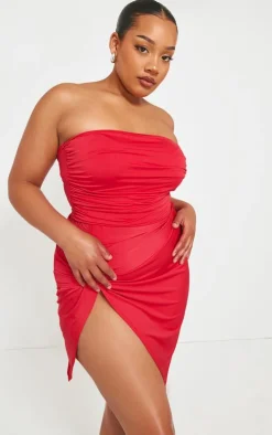 Plus Cherry Red Slinky Split Leg Mini Skirt