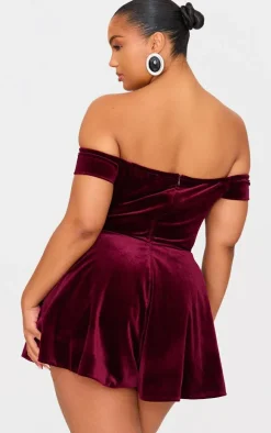 Plus Cherry Red Velvet Bardot Sweetheart Neckline Floaty Romper