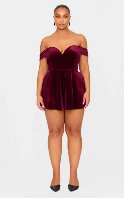 Plus Cherry Red Velvet Bardot Sweetheart Neckline Floaty Romper