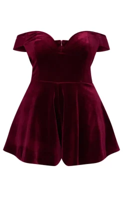 Plus Cherry Red Velvet Bardot Sweetheart Neckline Floaty Romper