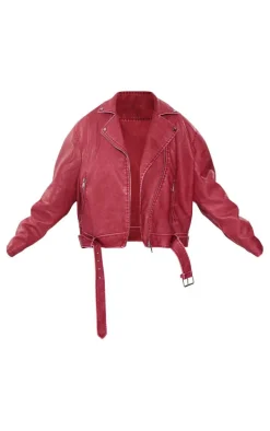 Plus Cherry Red Vintage Faux Leather Oversized Zip Up Biker Jacket