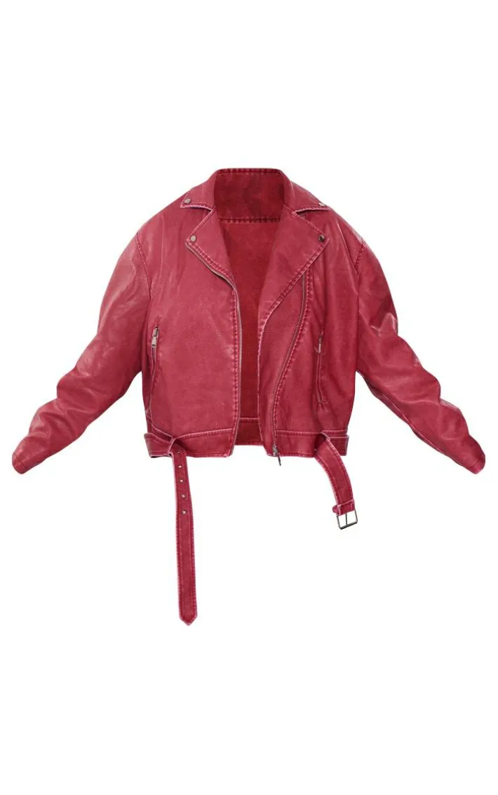 Plus Cherry Red Vintage Faux Leather Oversized Zip Up Biker Jacket