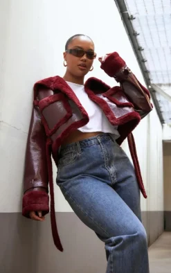 Plus Cherry Red Vinyl Faux Fur Trim Tie Waist Cropped Coat