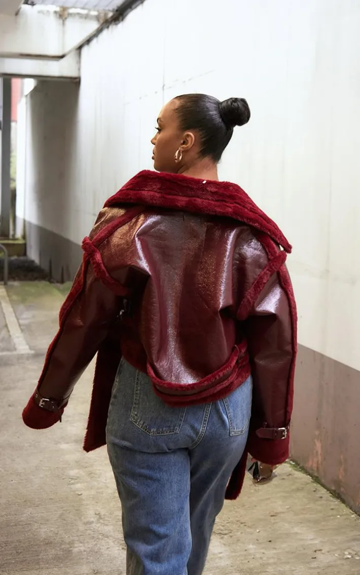 Plus Cherry Red Vinyl Faux Fur Trim Tie Waist Cropped Coat