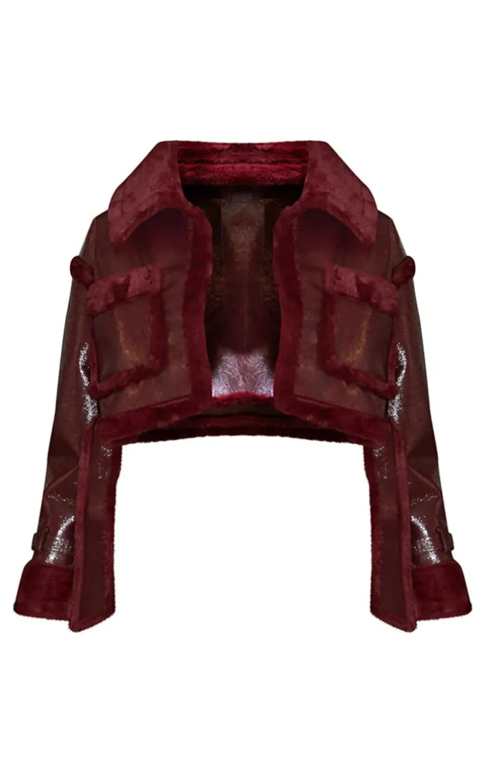 Plus Cherry Red Vinyl Faux Fur Trim Tie Waist Cropped Coat