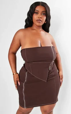 Plus Chocolate Asymmetric Seam Detail Zip Up Corset Bodycon Dress