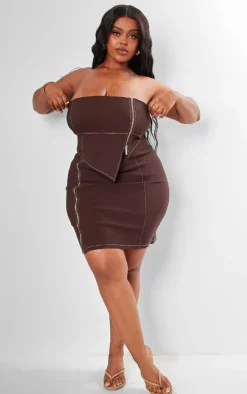 Plus Chocolate Asymmetric Seam Detail Zip Up Corset Bodycon Dress
