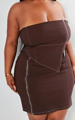 Plus Chocolate Asymmetric Seam Detail Zip Up Corset Bodycon Dress
