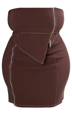 Plus Chocolate Asymmetric Seam Detail Zip Up Corset Bodycon Dress