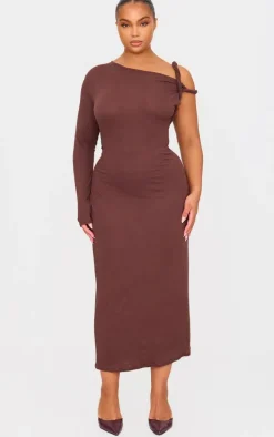 Plus Chocolate Asymmetric Twist Shoulder Soft Touch Midi Dress